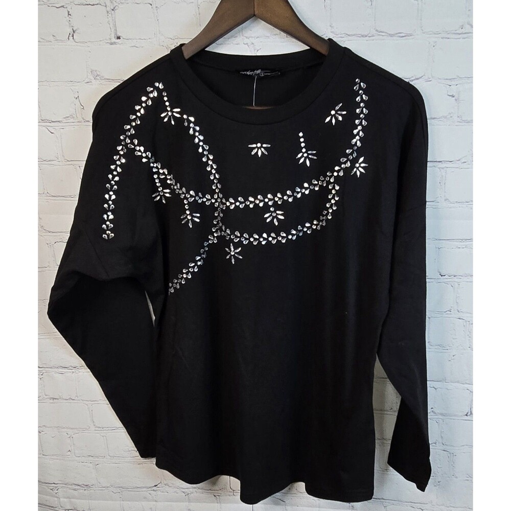 Ontwelfth Women's Rhinestone Black Long Sleeve Top Size S NWT Round Neck Classic